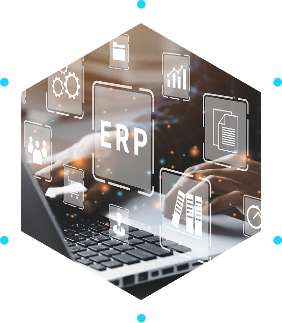 Hands typing on laptop with ERP icons