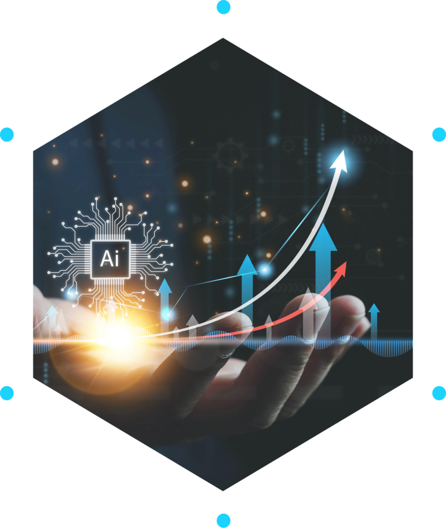 Hands holding AI chip and growth chart